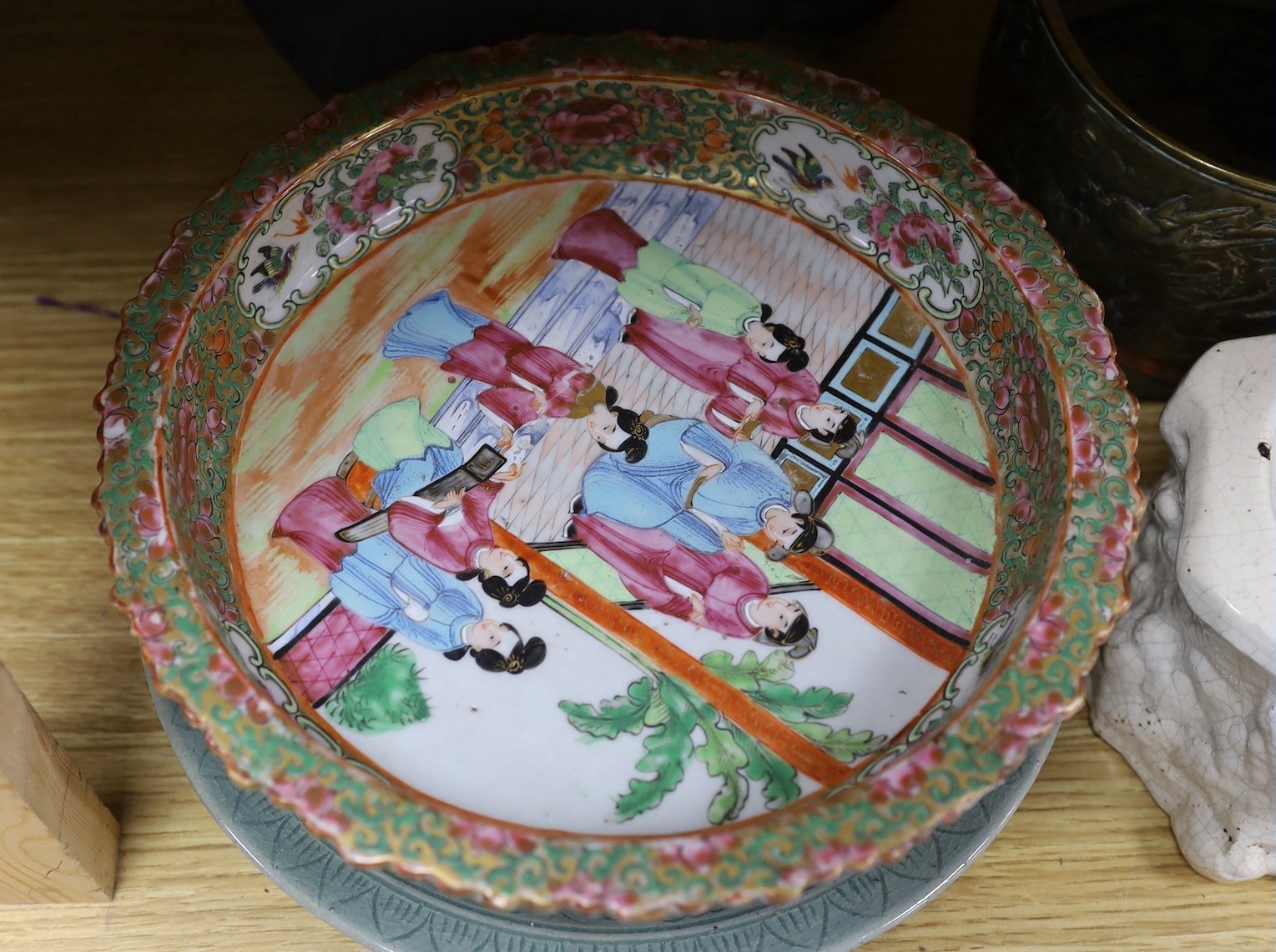 A Chinese blue and white planter, 10cm tall, together with a crackle glaze planter, a Chinese copper and brass jardiniere, a faux bronze type vase, a Chinese famille rose pedestal dish, 23cm, a Thai celadon dish, and a b